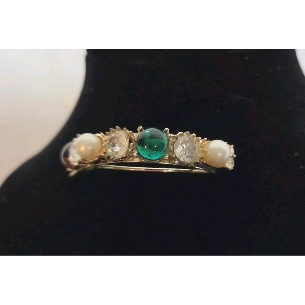 Gold Tone Crescent Moon Brooch Pin Faux Pearls Green Pink Clear Rhinestones